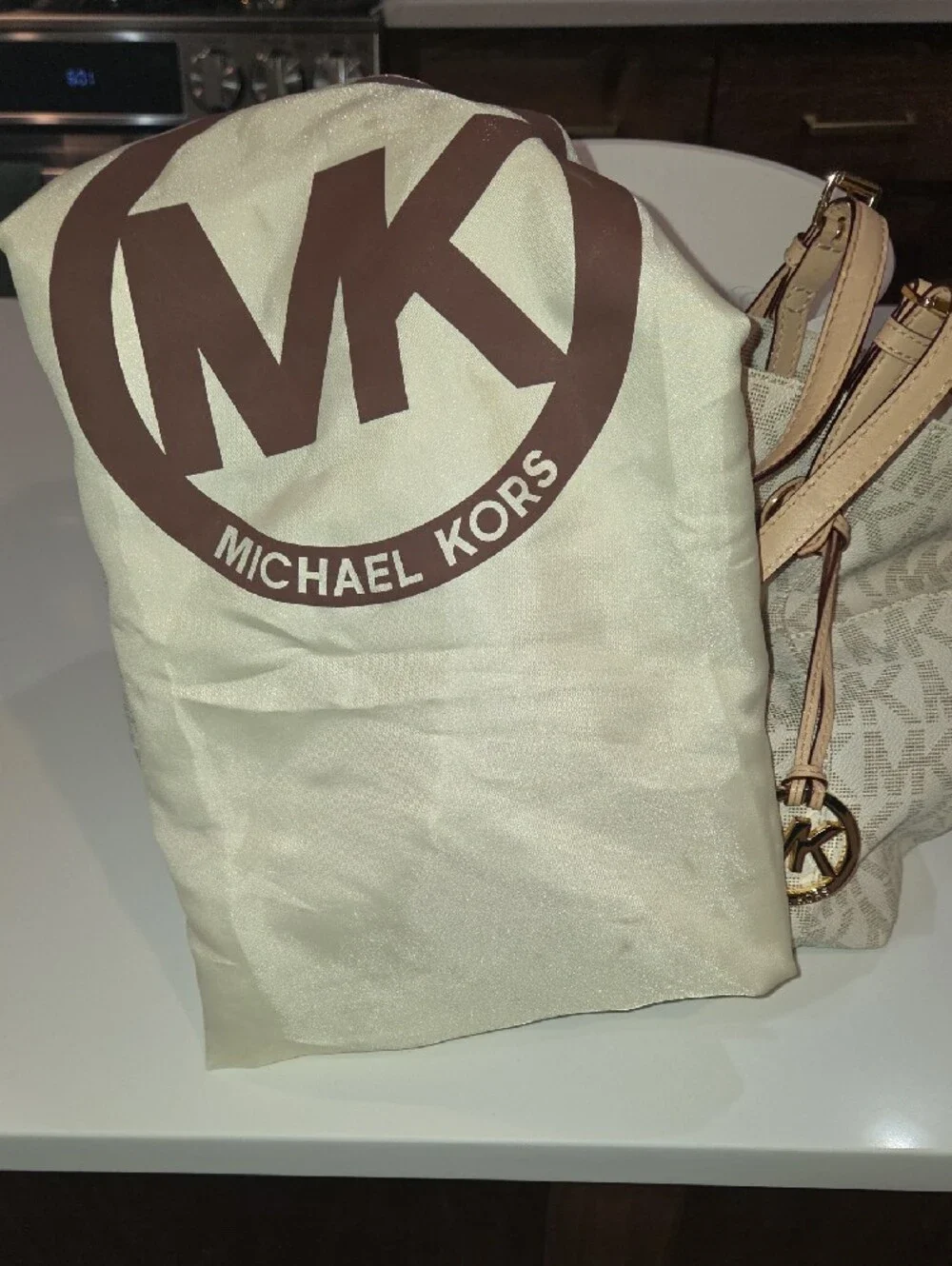 Michael Kors White and Beige MK Logo Tote with Gold Hardware